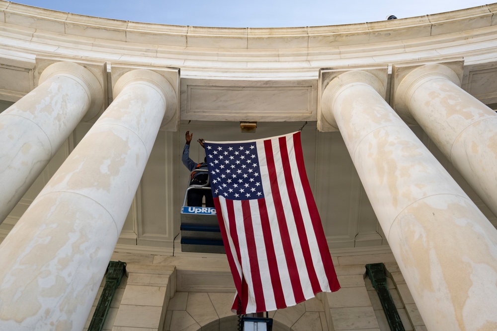 U.S. Flags are Hung in the Memorial Amphitheater in Preparation for the 2026 National Memorial Day Observance