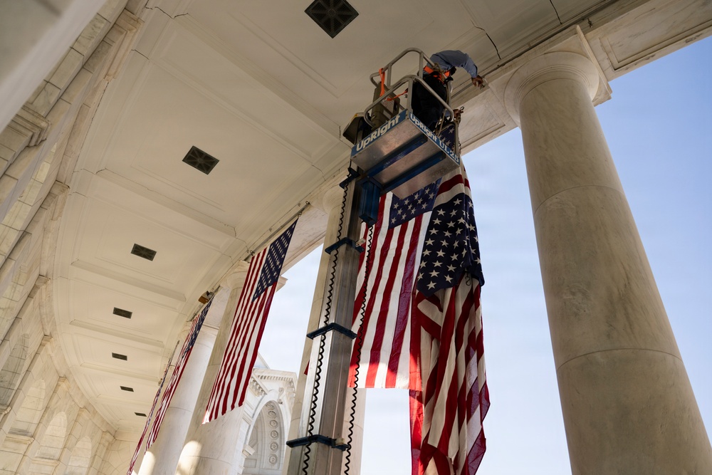U.S. Flags are Hung in the Memorial Amphitheater in Preparation for the 2026 National Memorial Day Observance