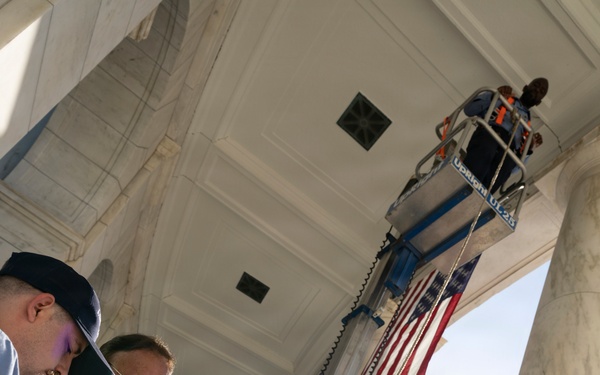 U.S. Flags are Hung in the Memorial Amphitheater in Preparation for the 2026 National Memorial Day Observance