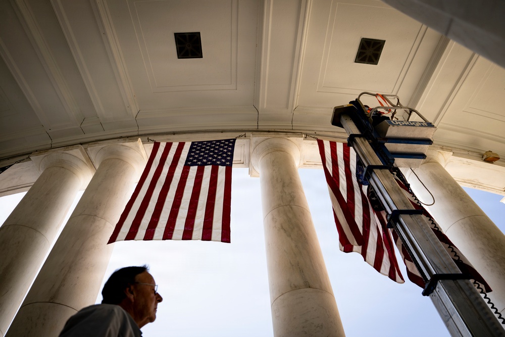U.S. Flags are Hung in the Memorial Amphitheater in Preparation for the 2026 National Memorial Day Observance