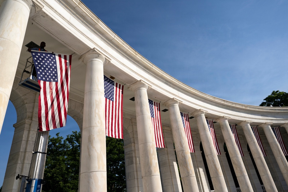 U.S. Flags are Hung in the Memorial Amphitheater in Preparation for the 2026 National Memorial Day Observance