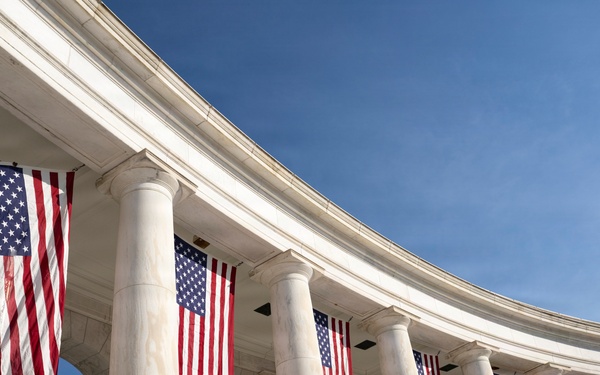 U.S. Flags are Hung in the Memorial Amphitheater in Preparation for the 2026 National Memorial Day Observance