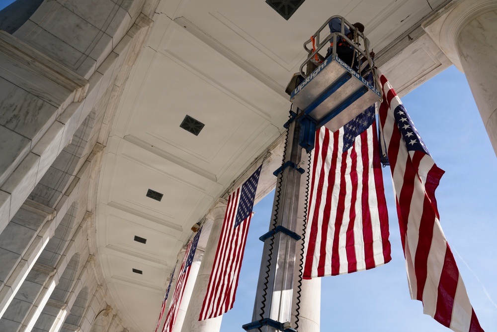 U.S. Flags are Hung in the Memorial Amphitheater in Preparation for the 2026 National Memorial Day Observance