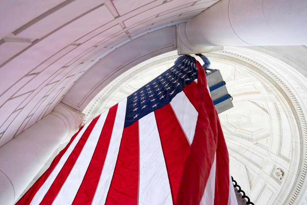 U.S. Flags are Hung in the Memorial Amphitheater in Preparation for the 2026 National Memorial Day Observance