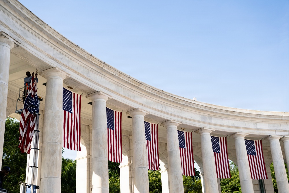 U.S. Flags are Hung in the Memorial Amphitheater in Preparation for the 2026 National Memorial Day Observance