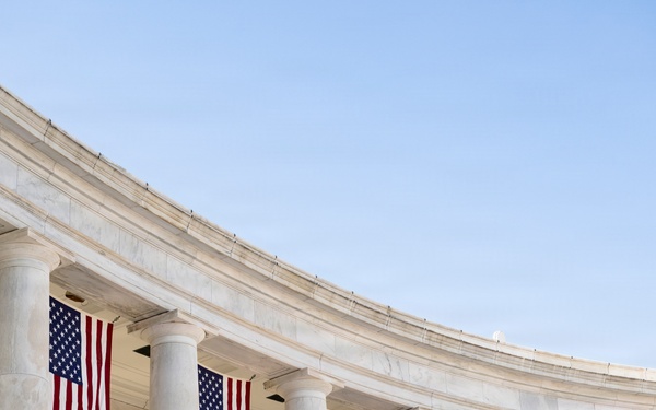 U.S. Flags are Hung in the Memorial Amphitheater in Preparation for the 2026 National Memorial Day Observance