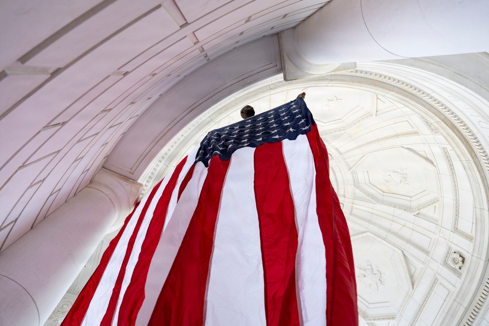 U.S. Flags are Hung in the Memorial Amphitheater in Preparation for the 2026 National Memorial Day Observance