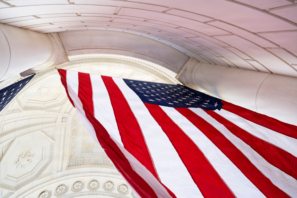 U.S. Flags are Hung in the Memorial Amphitheater in Preparation for the 2026 National Memorial Day Observance