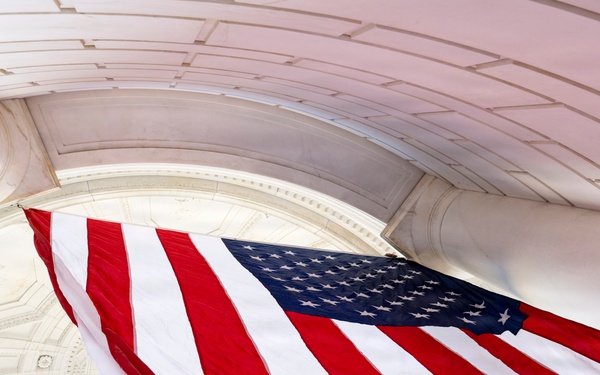 U.S. Flags are Hung in the Memorial Amphitheater in Preparation for the 2026 National Memorial Day Observance