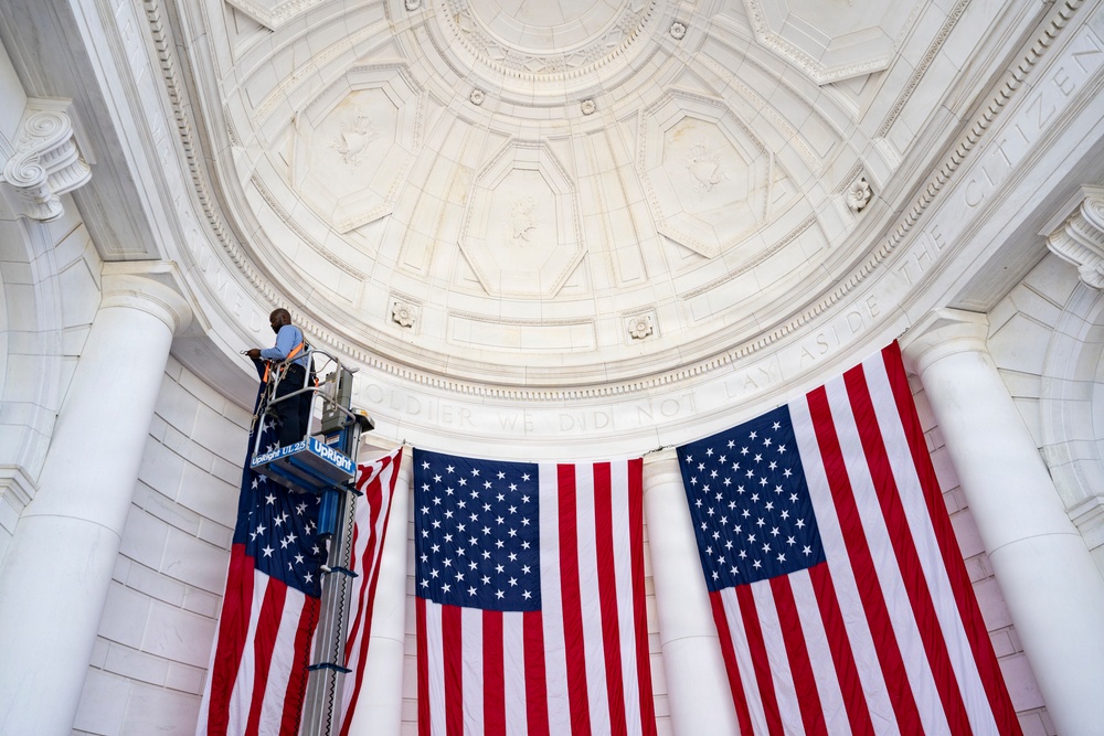 U.S. Flags are Hung in the Memorial Amphitheater in Preparation for the 2026 National Memorial Day Observance