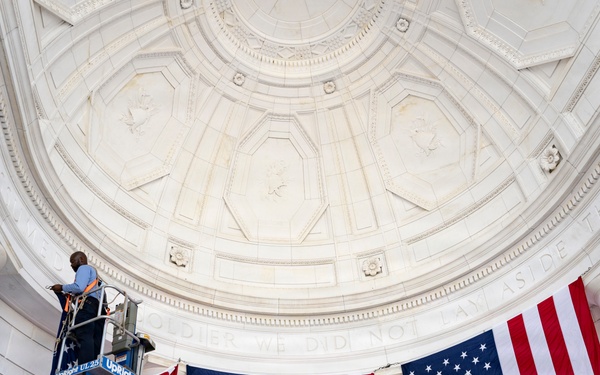 U.S. Flags are Hung in the Memorial Amphitheater in Preparation for the 2026 National Memorial Day Observance