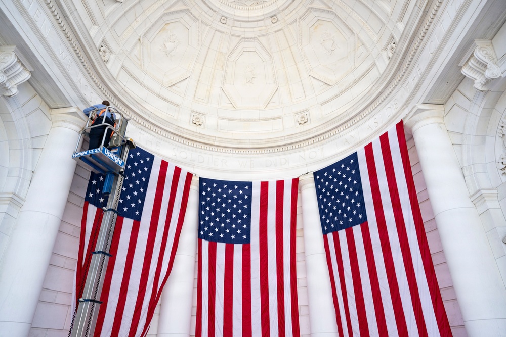 U.S. Flags are Hung in the Memorial Amphitheater in Preparation for the 2026 National Memorial Day Observance
