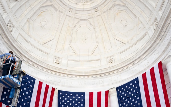 U.S. Flags are Hung in the Memorial Amphitheater in Preparation for the 2026 National Memorial Day Observance