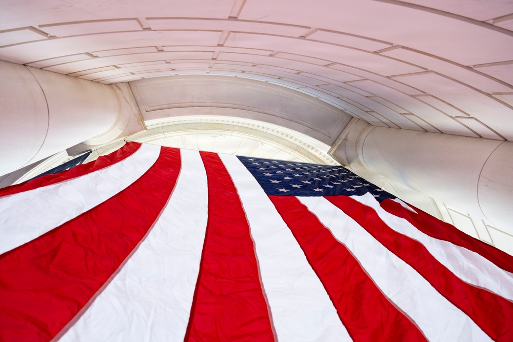 U.S. Flags are Hung in the Memorial Amphitheater in Preparation for the 2026 National Memorial Day Observance