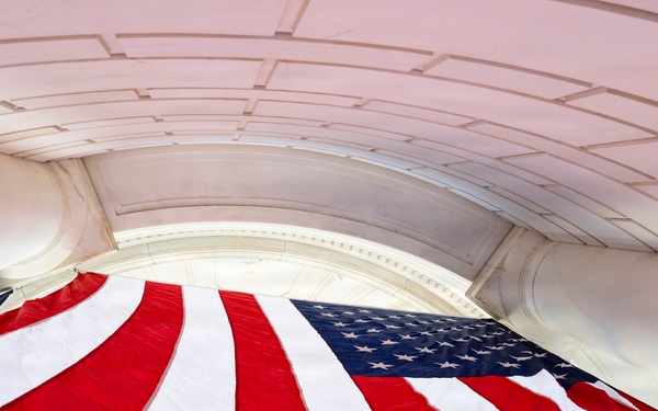 U.S. Flags are Hung in the Memorial Amphitheater in Preparation for the 2026 National Memorial Day Observance