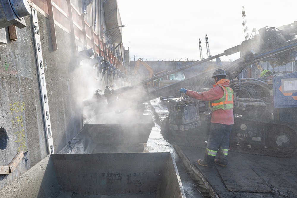 During the dry dock seismic retrofit project, Kiewit-Alberici contractors drill, install, grout and cap anchors to dry dock 4 on January 12, 2026.