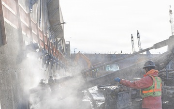 During the dry dock seismic retrofit project, Kiewit-Alberici contractors drill, install, grout and cap anchors to dry dock 4 on January 12, 2026.