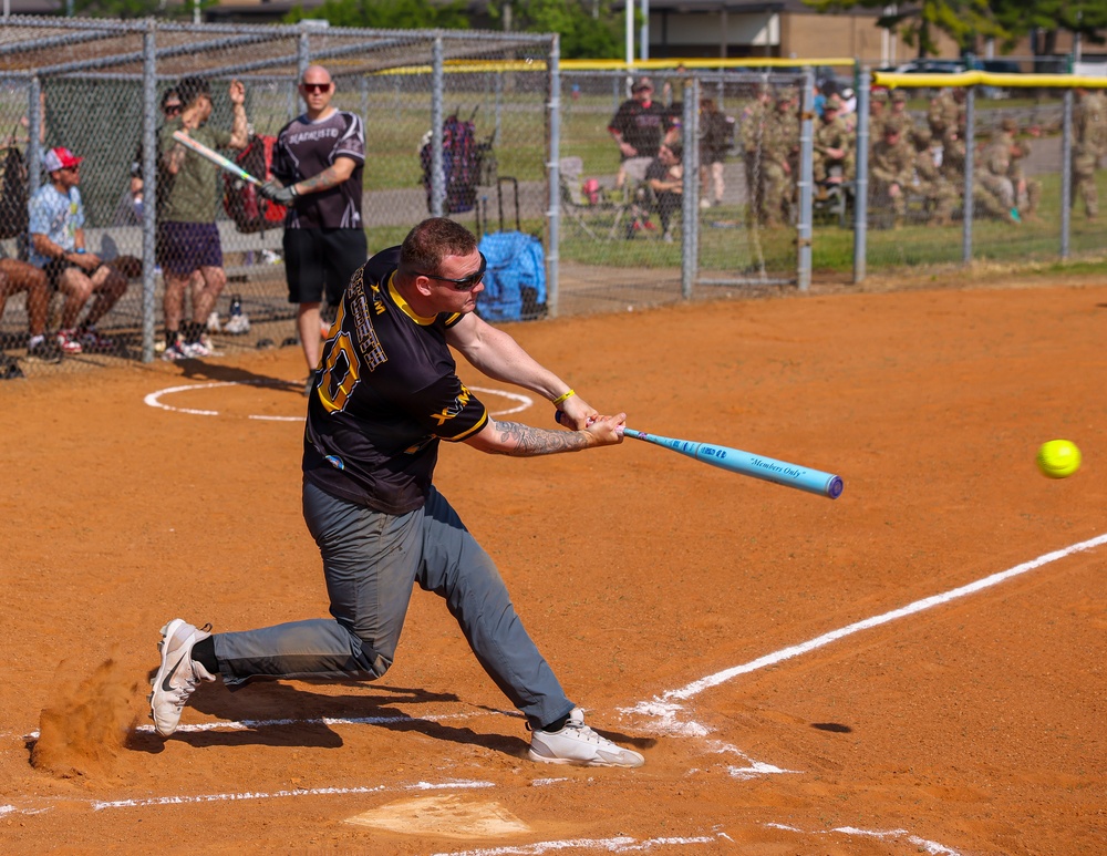 U.S. Army soldiers play softball during Week of the Eagles