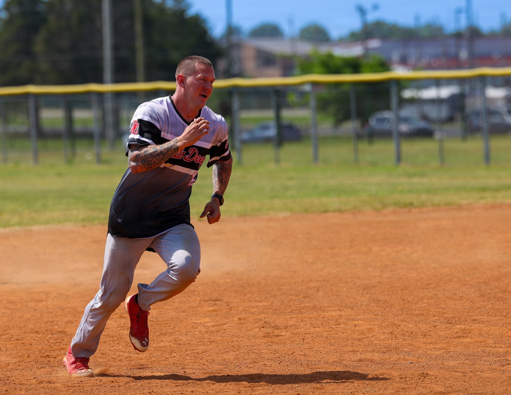 U.S. Army soldiers play softball during Week of the Eagles