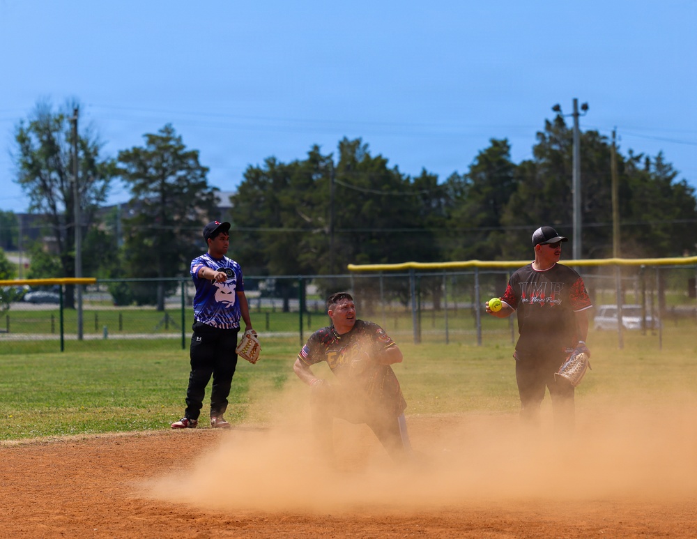 U.S. Army soldiers play softball during Week of the Eagles