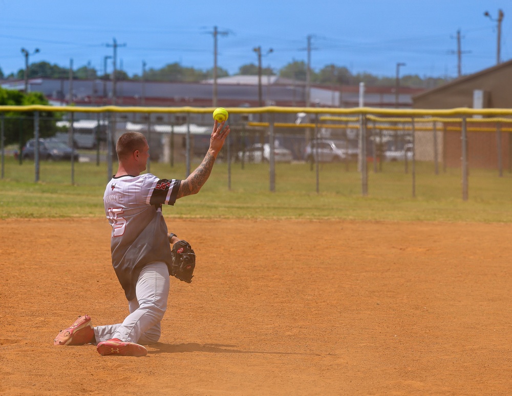 U.S. Army soldiers play softball during Week of the Eagle