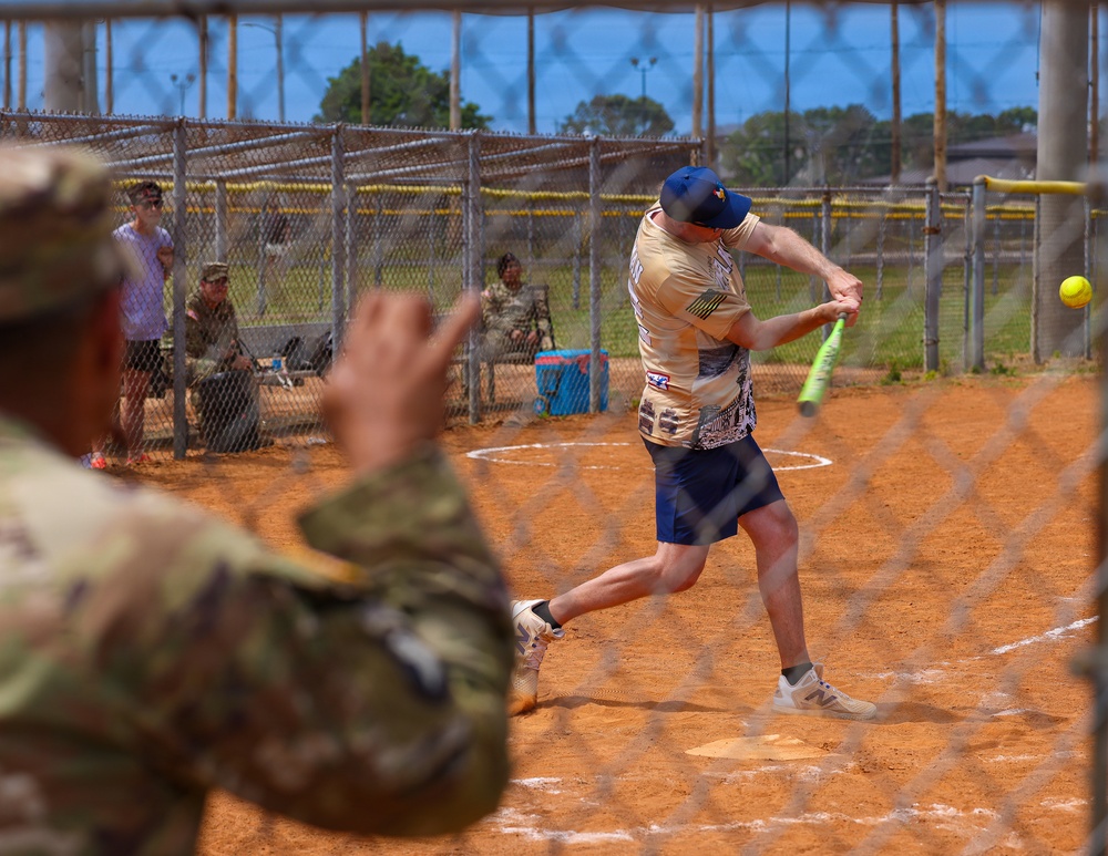 U.S. Army soldiers play softball during Week of the Eagles