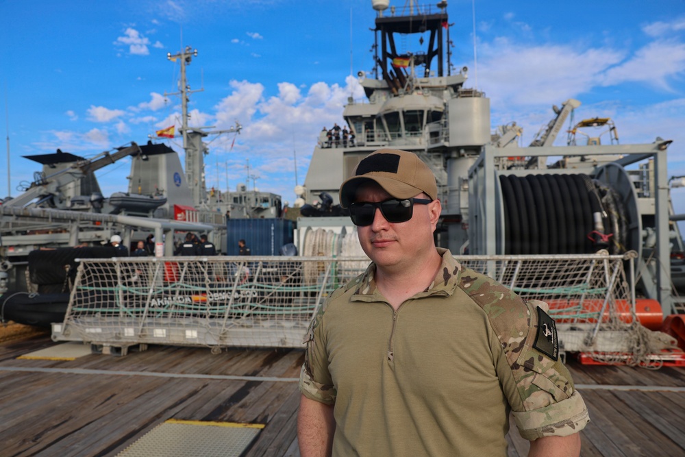MN1 Merrick Ziegenbein operates aboard the Spanish Multi-Purpose Ship ESPS Cartagena during ESP MINEX-26