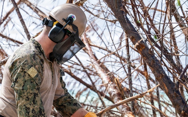 NMCB 1 Sailors clear an area with chainsaws and a backhoe