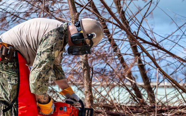 NMCB 1 Sailors clear an area with chainsaws and a backhoe
