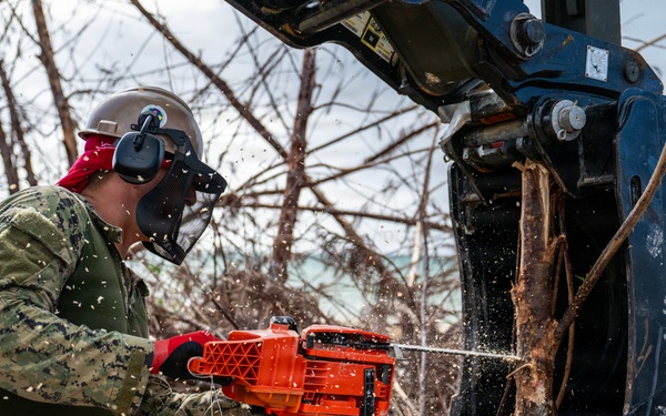 NMCB 1 Sailors clear an area with chainsaws and a backhoe