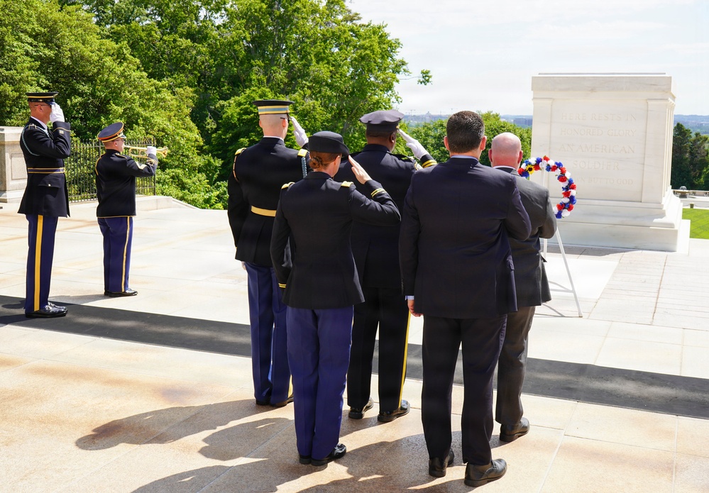Members of law enforcement from Joint Base Myer-Henderson Hall lay wreath at Tomb of The Unknown Soldier