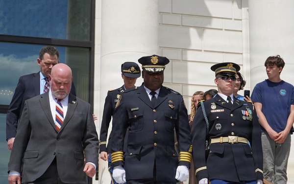 Members of law enforcement from Joint Base Myer-Henderson Hall lay wreath at Tomb of The Unknown Soldier