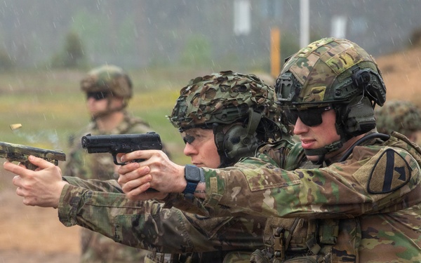 U.S. Army Soldiers conduct pistol marksmanship training alongside NATO partners at Pabradė Training Area, Lithuania