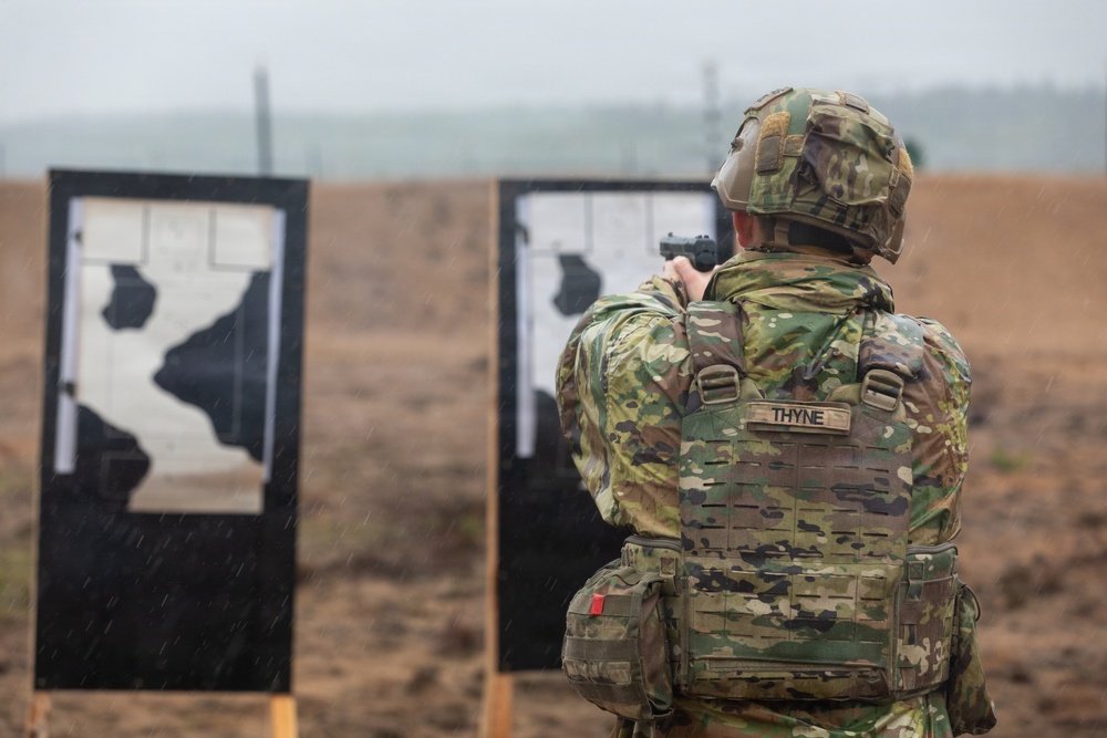 U.S. Army Soldiers conduct pistol marksmanship training alongside NATO partners at Pabradė Training Area, Lithuania
