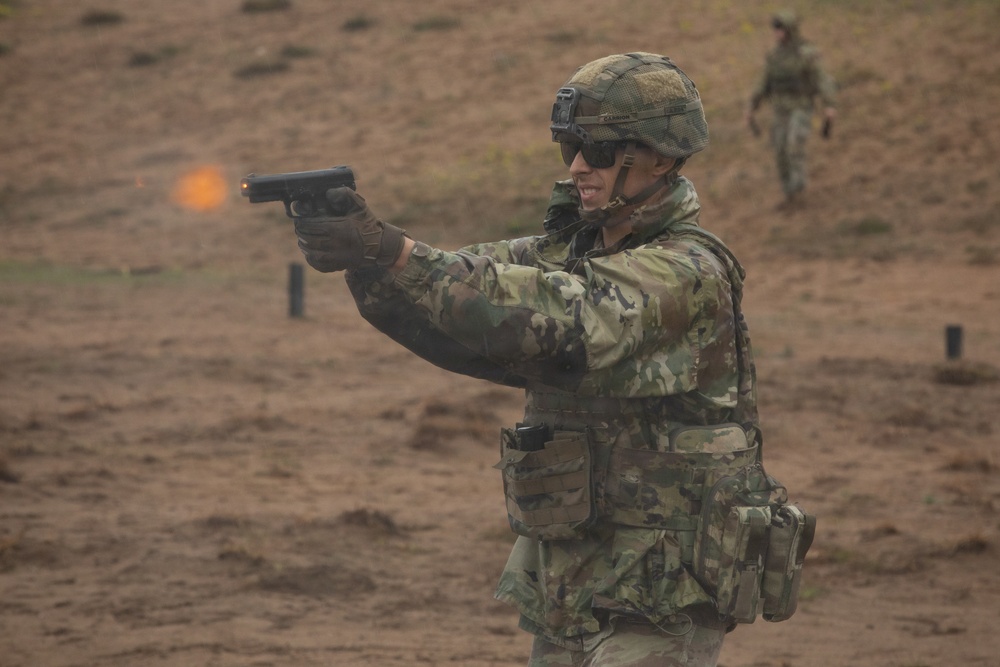 U.S. Army Soldiers conduct pistol marksmanship training alongside NATO partners at Pabradė Training Area, Lithuania