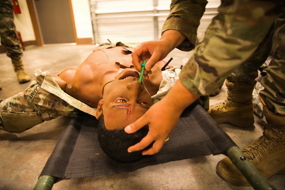 A Soldier with the 184th Expeditionary Sustainment Command, MSARNG, conducts Combat Life Saver (CLS) Training during Annual Training