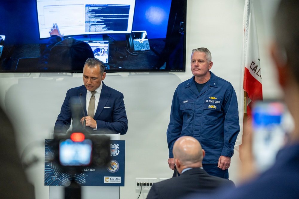 Coast Guard Rear Adm. Jeffrey W. Novak speaks at a Port of Long Beach press conference to launch a new Cyber Defense Operations Center