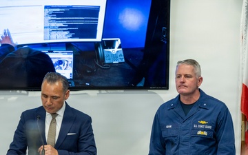 Coast Guard Rear Adm. Jeffrey W. Novak speaks at a Port of Long Beach press conference to launch a new Cyber Defense Operations Center
