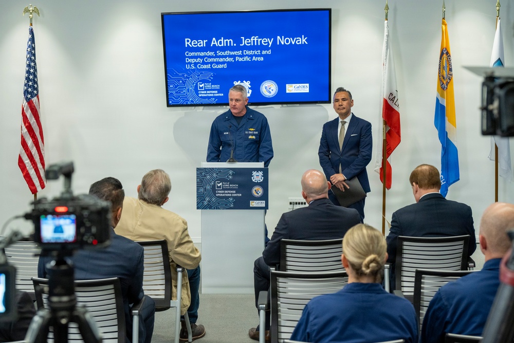 Coast Guard Rear Adm. Jeffrey W. Novak speaks at a Port of Long Beach press conference to launch a new Cyber Defense Operations Center