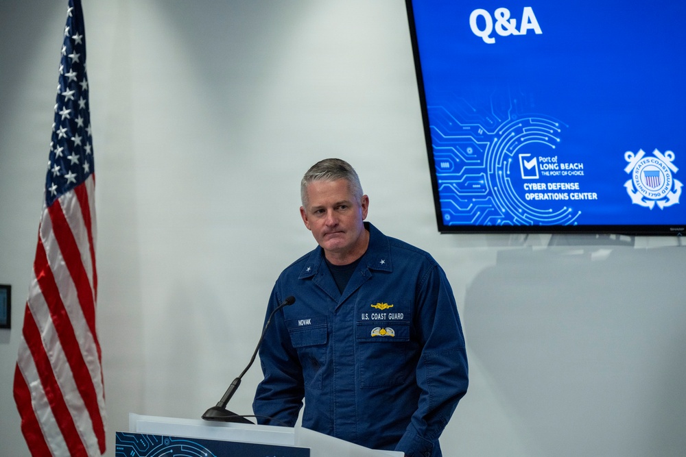 Coast Guard Rear Adm. Jeffrey W. Novak speaks at a Port of Long Beach press conference to launch a new Cyber Defense Operations Center