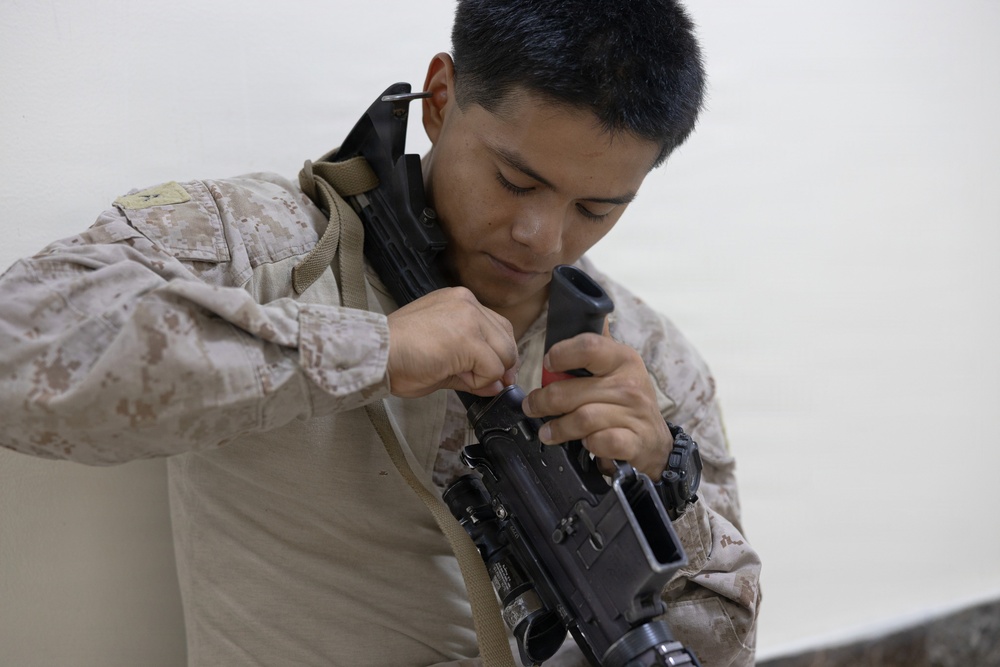 U.S. Marines clean and inspect M4 carbines