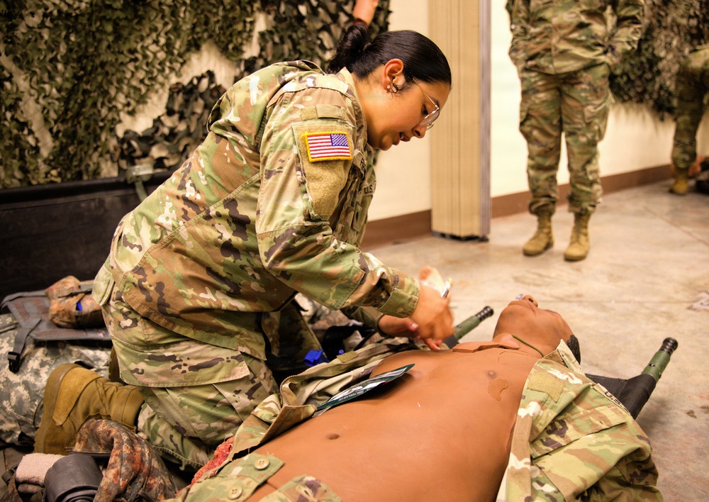 A Soldier with the 184th Expeditionary Sustainment Command, MSARNG, conducts Combat Life Saver (CLS) Training during Annual Training