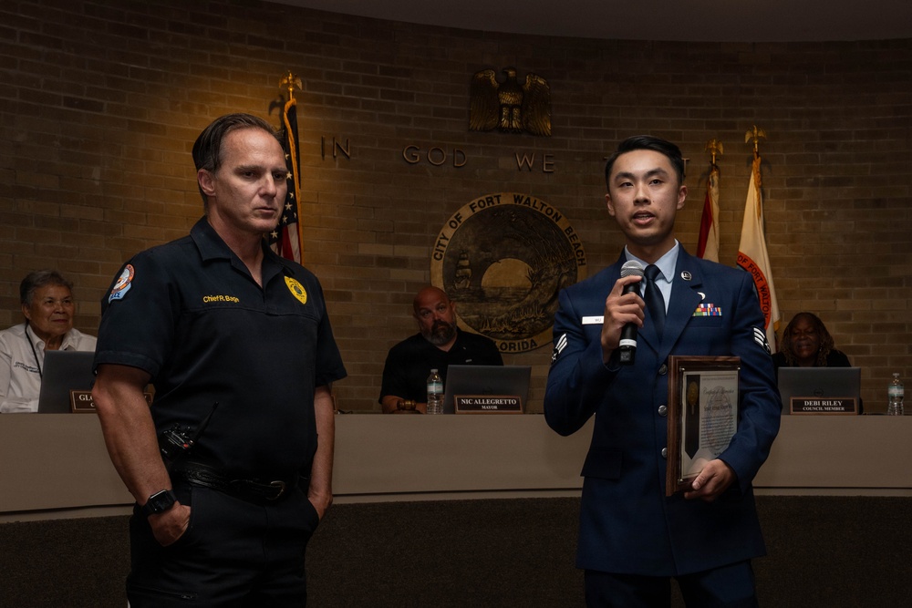 Hurlburt Field Airman honored for saving FWB woman from dog attack