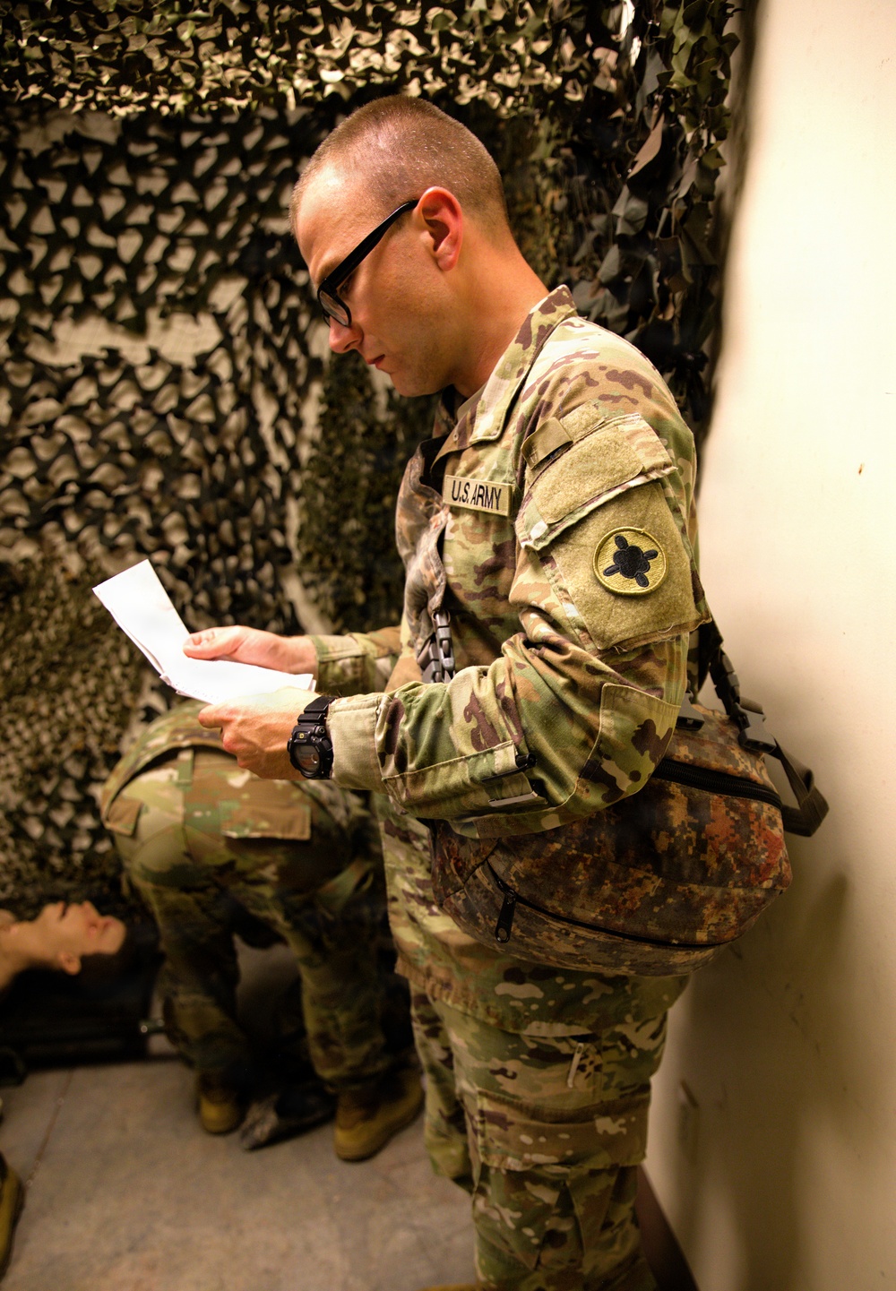 A Soldier with the 184th Expeditionary Sustainment Command, MSARNG, conducts Combat Life Saver (CLS) Training during Annual Training