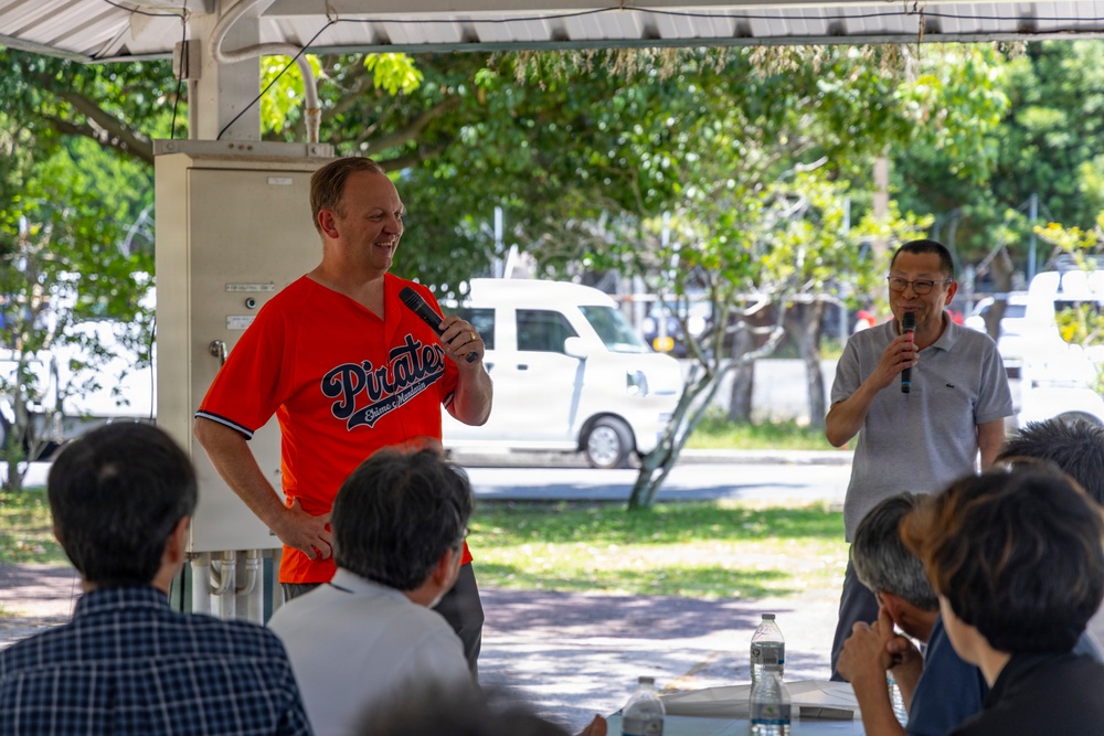 Capt. Michael Fontaine speaks to members of the CFAS public works at a picnic