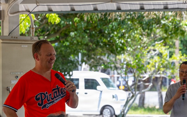 Capt. Michael Fontaine speaks to members of the CFAS public works at a picnic