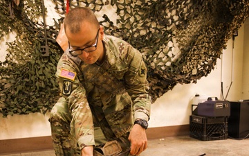 A Soldier with the 184th Expeditionary Sustainment Command, MSARNG, conducts Combat Life Saver (CLS) Training during Annual Training