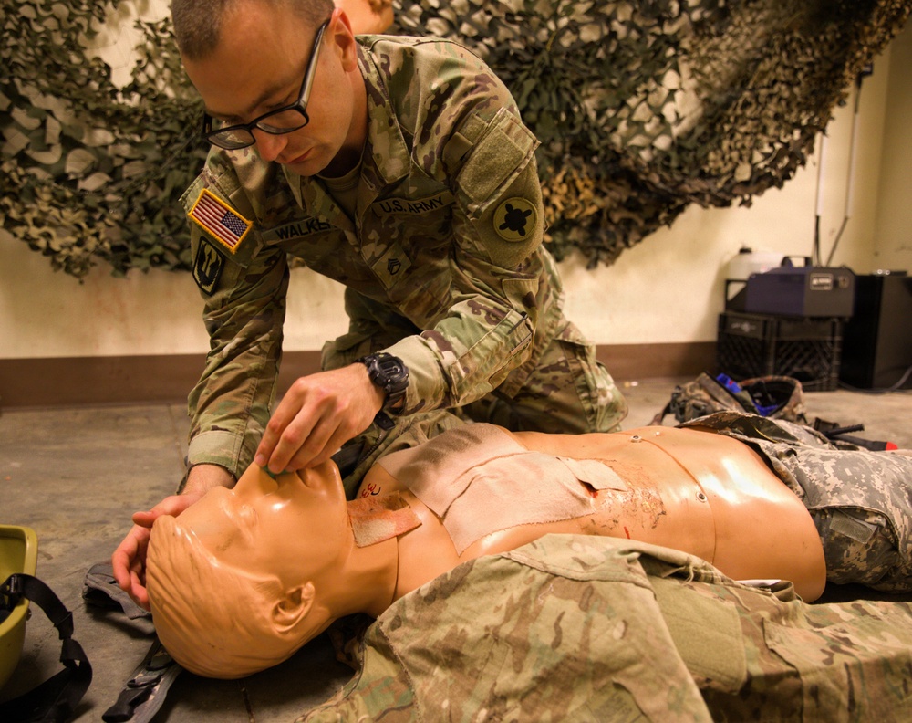A Soldier with the 184th Expeditionary Sustainment Command, MSARNG, conducts Combat Life Saver (CLS) Training during Annual Training