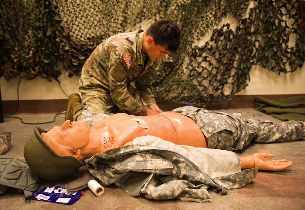 A Soldier with the 184th Expeditionary Sustainment Command, MSARNG, conducts Combat Life Saver (CLS) Training during Annual Training