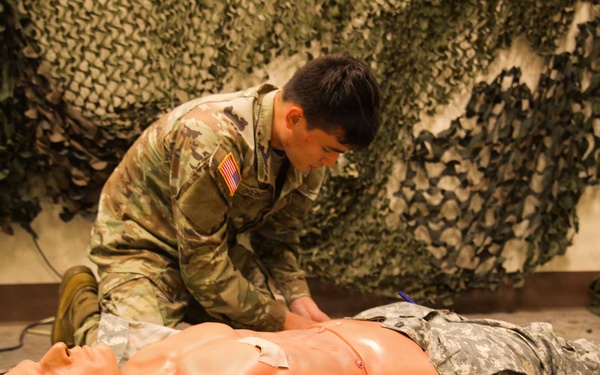 A Soldier with the 184th Expeditionary Sustainment Command, MSARNG, conducts Combat Life Saver (CLS) Training during Annual Training